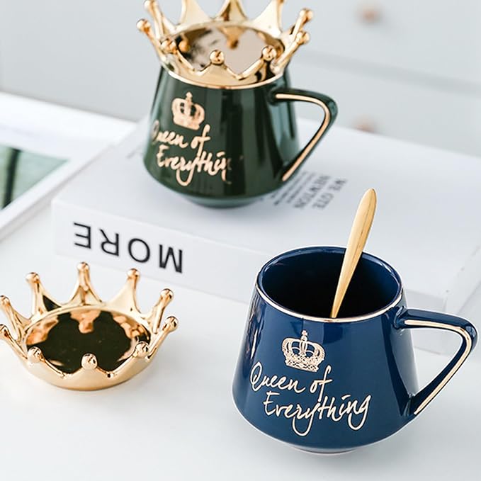 Queen of Everything Mug with Lid Cute Mugs Gift with Crown Dark Blue Coffee Mug with Spoon & Coaster 12 oz Ceramic Tea Cup Birthday Gift for Women Girls Mom Friend
