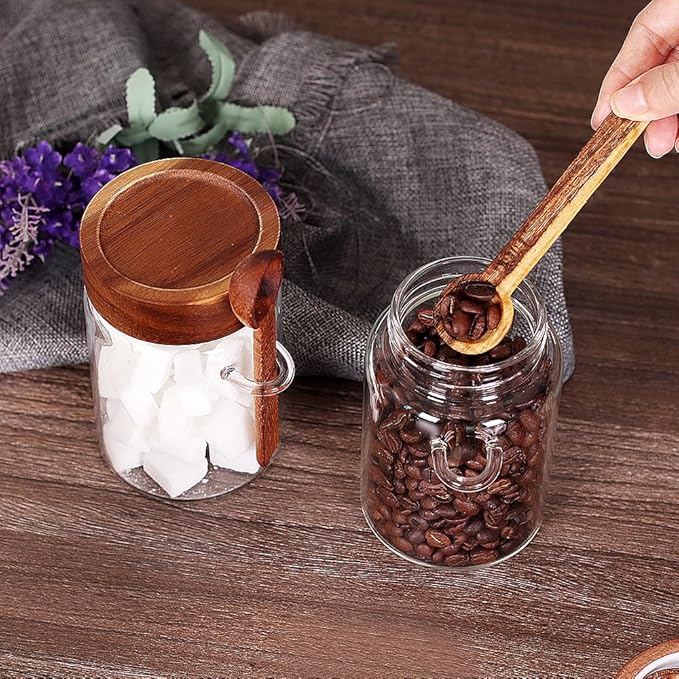 SAIOOL Sugar Jar with Lid and Spoon Set of 2, 16 OZ Tea Canisters for Loose Tea Jars with Screw Mouth, Coffee Container for Ground, Retro Style Truly Airtight