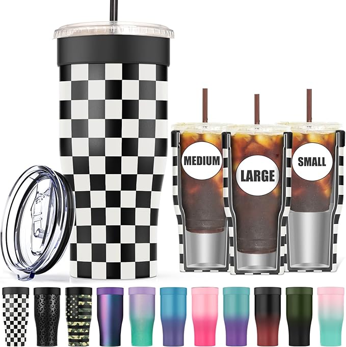 Universal Iced Coffee Sleeve - Insulated Double Wall Reusable Stainless Steel Holder Sleeves Insulator for Cold Drinks Fits Small Medium Large To Go Cups Gifts for Men Women Him Her (Black Checkered)