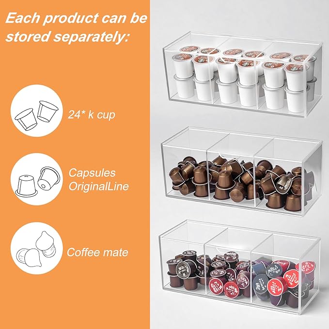 Acrylic Coffee Pod Holder with Lid for 24 Kcup, 3 Compartments Clear Coffee Capsule Storage Organizer for Bar Station Organizer