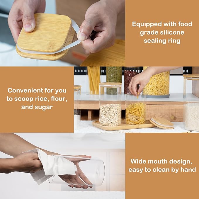 122oz Airtight Glass Square Storage Canister with Bamboo Lid Set of 1 (3600ml) Gallon Glass Jars Large Kitchen Canister for Sugar, Flour, Cookies and Coffee beans (‎with Black Lable)