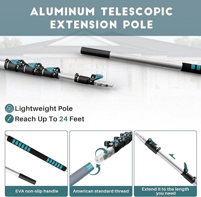 30 Foot High Reach Duster Kit with 6-24FT Extension Pole High Ceiling Dusting and Window Cleaning Kit with Telescopic Pole Window Washer&Squeegee,Cobweb Duster,Fan Duster and Feather Duster