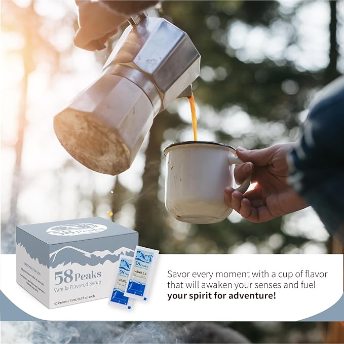 58Peaks Vanilla Flavored Syrup Sweetener Packets for Hot and Cold Drinks | To-Go Syrup Flavoring Perfect for Coffee, Tea, Milkshake and More | Flavored Coffee Syrups for Travel | 15mL | 50-Pack