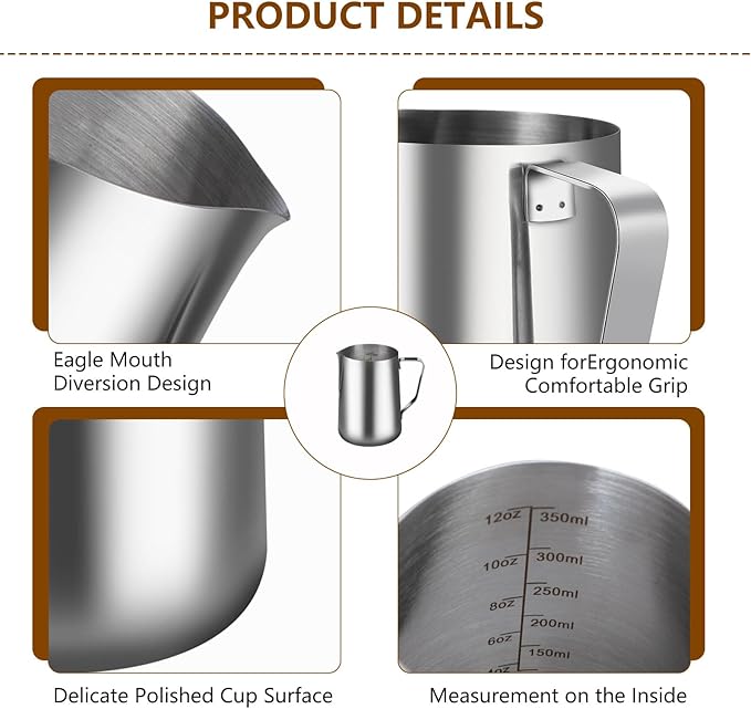 12oz Milk Frothing Pitcher-Stainless Steel Steaming Jug for Espresso, Cappuccino & Coffee-Heat-Resistant, Dripless Spout, Measurement Scale, Dishwasher Safe (350ml/12oz)