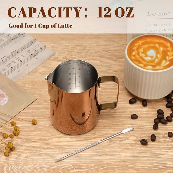 Milk Frothing Pitcher, 12 oz Milk Frother Cup with Clear Scale, 304 Stainless Steel Cappuccino Espresso Machine Accessories for Barista Coffee Bar with Latte Art Pen, Rose Gold