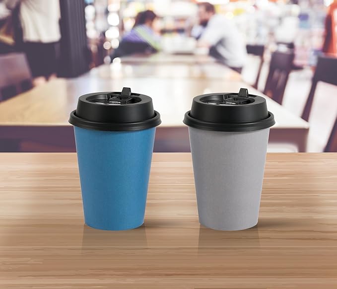 LITOPAK 100 Pack 12 oz Disposable Paper Coffee Cups with Lids for Coffee, Water, Juice, or Tea, Blue and Gray Hot Paper Cups for Home, Restaurant, Store, and Cafe