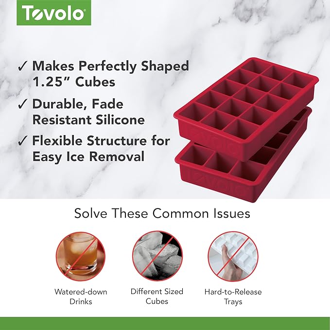 Tovolo Silicone Ice Cube Tray Cayenne Red Pack of 2 BPA Free Ice Tray Mold for Coffee Drinks Cocktails, Dishwasher Safe Easy Release Perfect 1 Inch Cube Ice Tray for Whiskey Bourbon Spirits