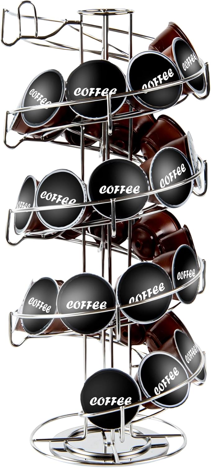 Restaurantware Restpresso 7.1 x 16.1 Inch Coffee Capsule Holder, 1 Durable Pod Carousel - Holds 35-50 K-Cups, 360-Degree Rotatable, Stainless Steel Espresso Pod Organizer, 3 Tier, Pods Not Included