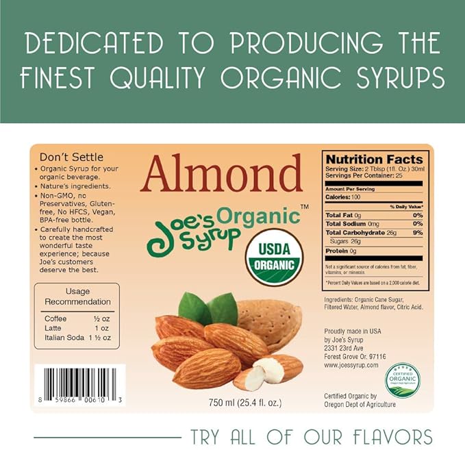 Joe’s Syrup Organic Flavored Syrup, Organic Almond, 750 ml