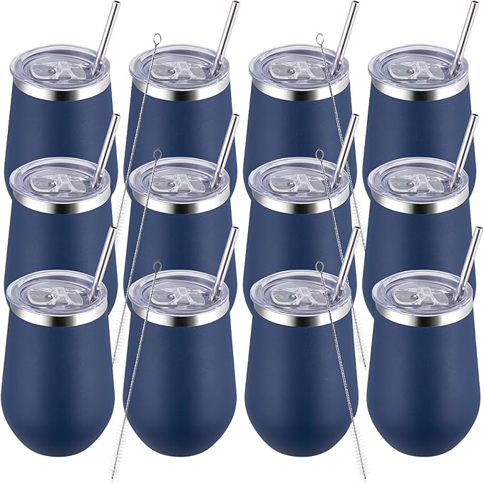 MEWAY 12oz Stainless Steel Wine Tumbler with Lid - Double Wall Vacuum Insulated Swig cups for Hot and Cold Drinks, Ideal for Coffee, Wine, Beer, gifts for Women under 10 dollars(Navy,Set of 12)