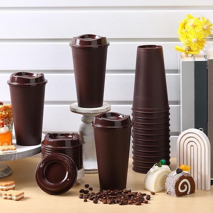 Domensi 15 Pack Reusable Coffee Cups with Lids 16 oz Disposable Travel Cups Bulk Plastic to Go Coffee Tumblers for DIY Hot Cold Drink Party Favors Coworker, Microwaveable (Brown)