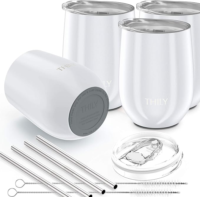 THILY Stainless Steel Insulated Wine Tumbler 4 Pack Stemless Wine Glasses with Splash-proof Lids, Metal Straws, Keep Cold for Coffee, Drinks, Christmas Gifts, Pearl White