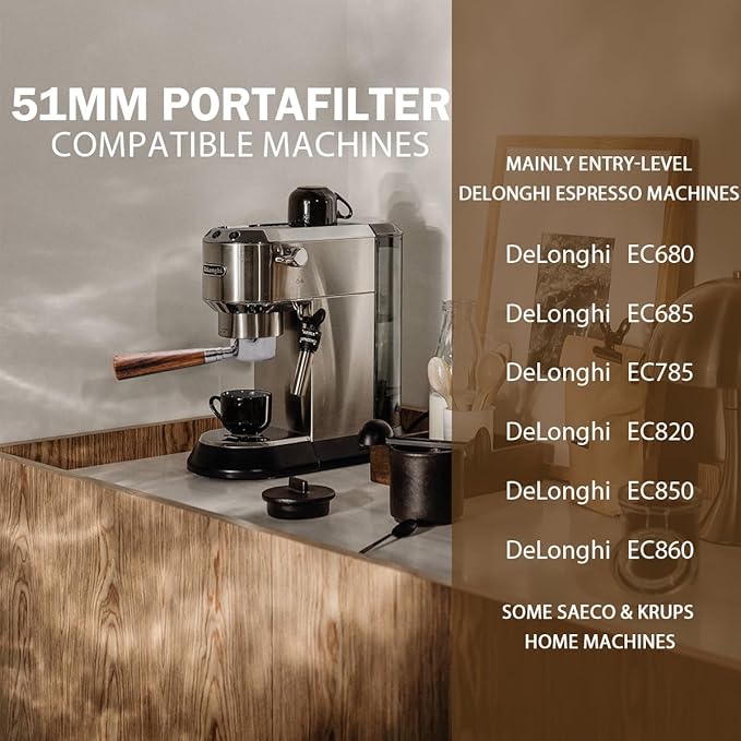 51mm Bottomless Portafilter with 3 Ears – Includes Magnetic Dosing Funnel, Etched & Sintered Filter Screens, Double Shot Basket, Stainless Steel Holder with Redwood Handle, Fits DeLonghi51mm Machines