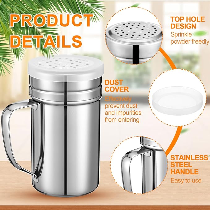 Lallisa 4 Pcs Stainless Steel Salt and Pepper Shakers with Lid and Handle Dredge Spice Seasoning Condiment Popcorn Salt Shaker Powder Sugar Flour for Cooking Kitchen Baking (14oz)