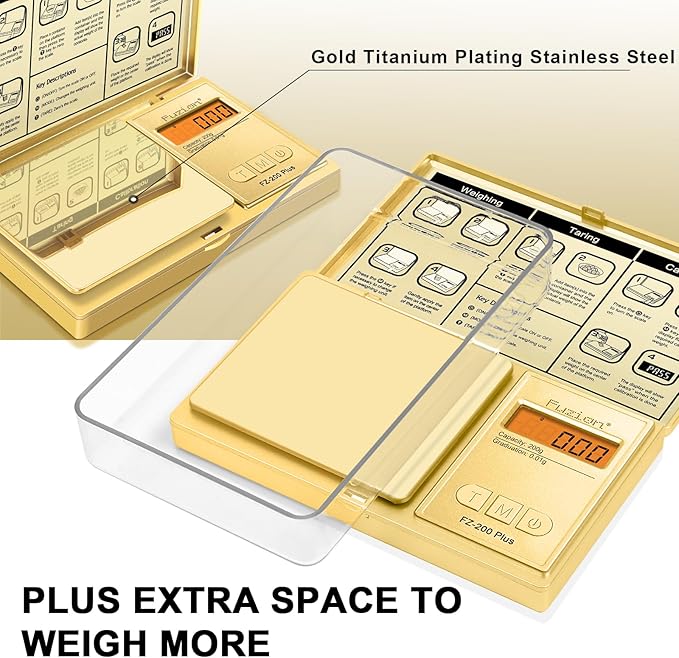 Fuzion Digital Pocket Gram Scale .01 Gram Accuracy, Gold Titanium Plating, 200g Digital Scale, Small Scale for Food, Jewelry, Herb, Spice, Coin - Weight Gram and Oz