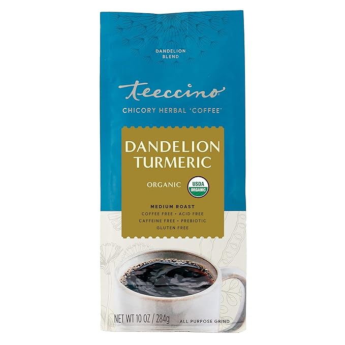 Teeccino Dandelion Turmeric Herbal Coffee - Caffeine-Free Coffee Alternative with Prebiotics, Gluten Free, Acid Free, Organic - Medium Roast, 10 oz