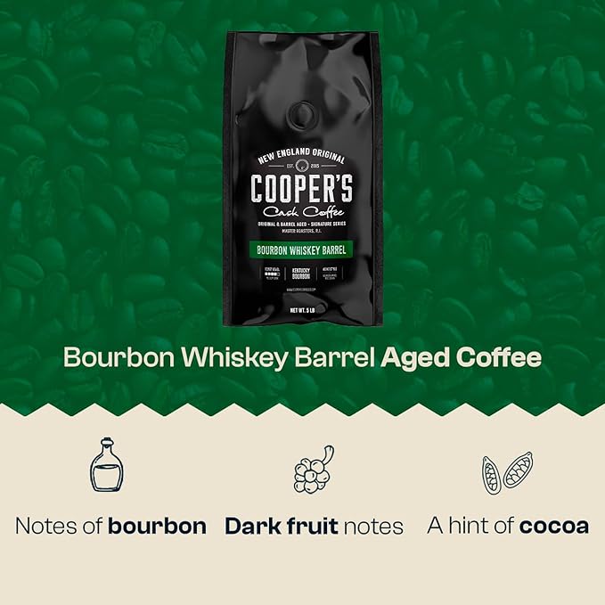 Bourbon Whiskey Barrel Aged Coffee - Whole Bean, Single Origin Grade 1 Colombian Aged in Kentucky Bourbon Whiskey Barrels - 5lb Bags