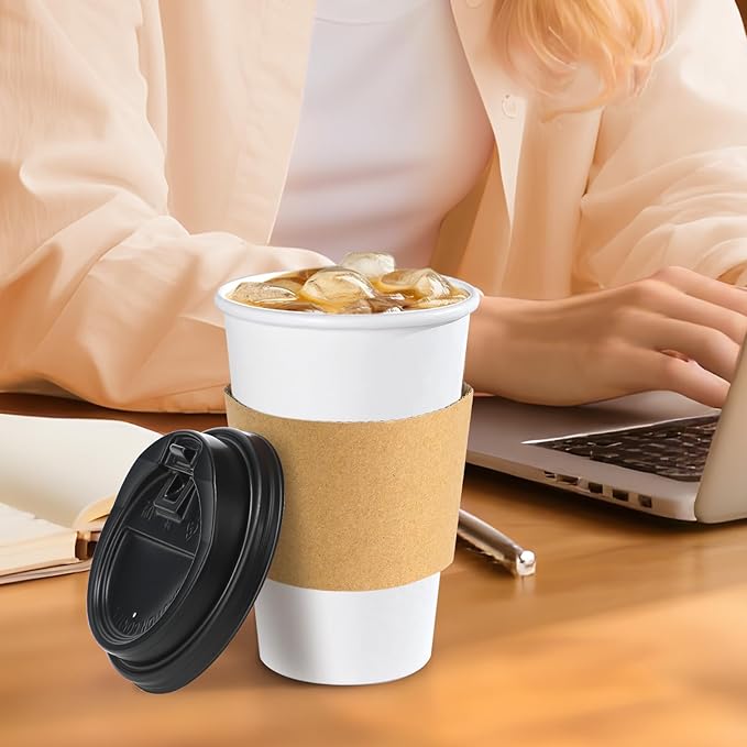 Lamosi 50 Pack 12 oz Disposable Coffee Cups with Lids and Sleeves, White To Go Leak-Proof Black Paper Cups for Picnics, Parties, Travel, Offices and Coffee Bar Supplies