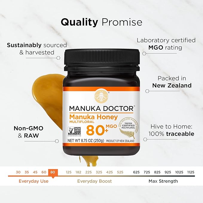 Manuka Doctor - MGO 80+ Manuka Honey Multifloral, 100% Pure New Zealand Honey. Certified. Guaranteed. Raw. Non-GMO (8.75oz)