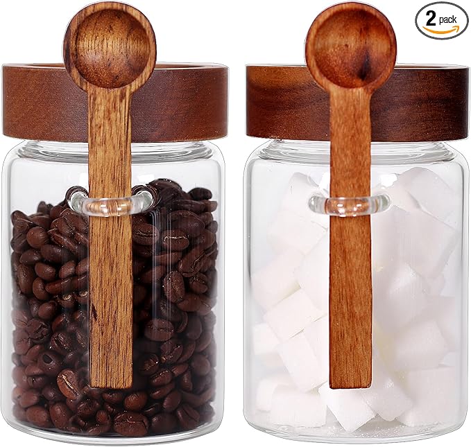 SAIOOL Sugar Jar with Lid and Spoon Set of 2, 16 OZ Tea Canisters for Loose Tea Jars with Screw Mouth, Coffee Container for Ground, Retro Style Truly Airtight