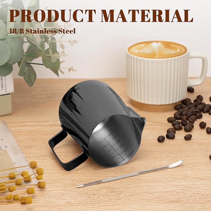 Milk Frothing Pitcher, 12 oz Milk Frother Cup with Clear Scale, 304 Stainless Steel Cappuccino Espresso Machine Accessories for Barista Coffee Bar with Latte Art Pen, Bright Black