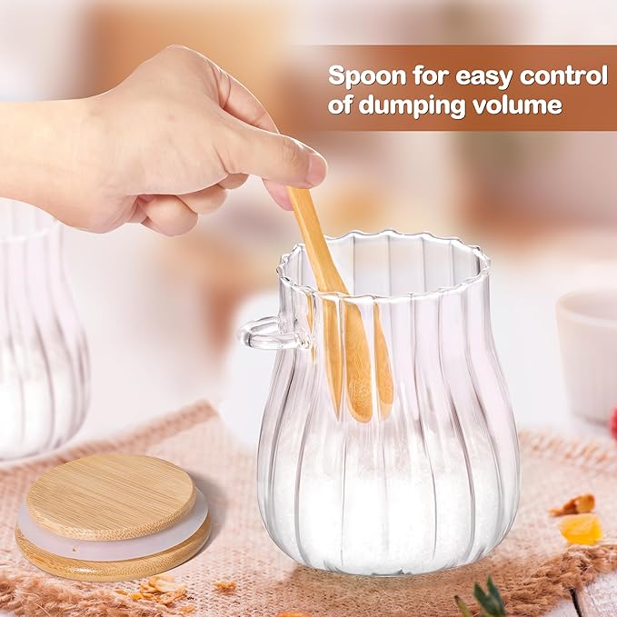 20oz Sugar Container with Bamboo Lid and Spoon,600 ml Sugar Bowl Glass Jar for Coffee Bar Accessories Coffee Canister Kitchen Decor (Large)