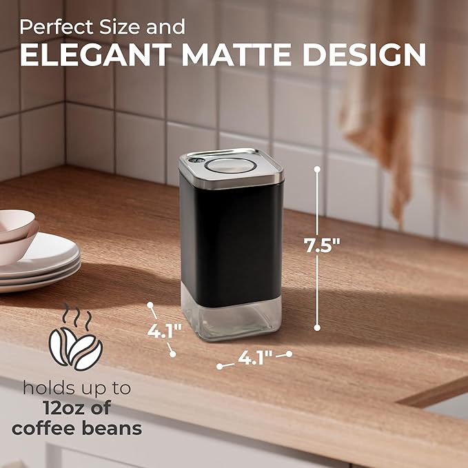 Kaffe Glass Coffee Canister (12oz) w/Airtight Lid - Click to Release Seal - BPA Free Glass & Stainless Steel - Elegant Kitchen Storage Container for Coffee, Nuts, Rice, Flour, Sugar, Tea, Cereal