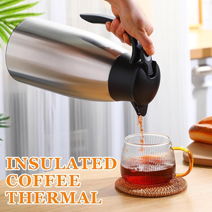 Norme 2 Pcs Thermal Coffee Carafe Insulated Stainless Steel Coffee Carafe for Hot Liquid Vacuum Thermal Pot Creamer Pitcher Dispenser with Brushes Keeping Hot Water Milk(Silver,68 oz)