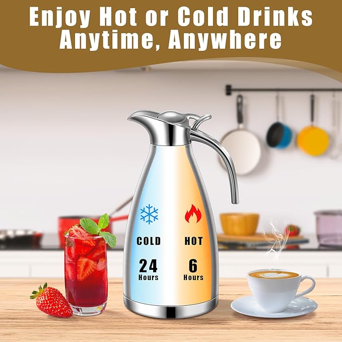 Uiifan 2 Pcs 68 oz Thermal Coffee Carafe Insulated Stainless Steel Coffee Carafe for Hot Liquids Vacuum Thermal Pot Creamer Dispenser with Brushes Keeping Hot Tea Milk Water(Black, Silver)
