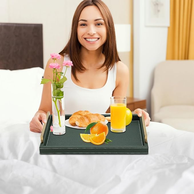 Green Decorative Serving Tray,Rectangular Tray for Coffee Table,Faux Leather Serving Tray with Handles for Ottoman,Shagreen Leather Tray for Bathroom