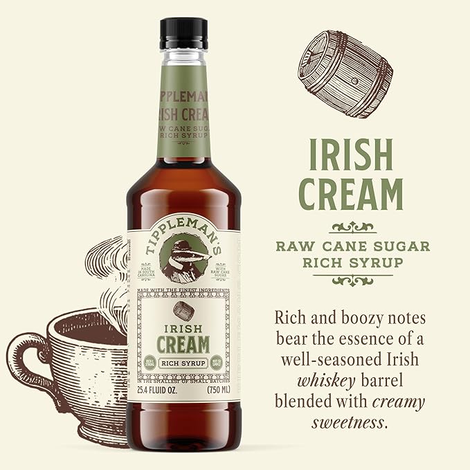 Tippleman's Irish Cream Coffee Syrup - Rich Flavor for Hot or Iced Drinks, Latte, Tea, Espresso, Cappuccino, Cocktails, & Baking - 25.4 Fl Oz