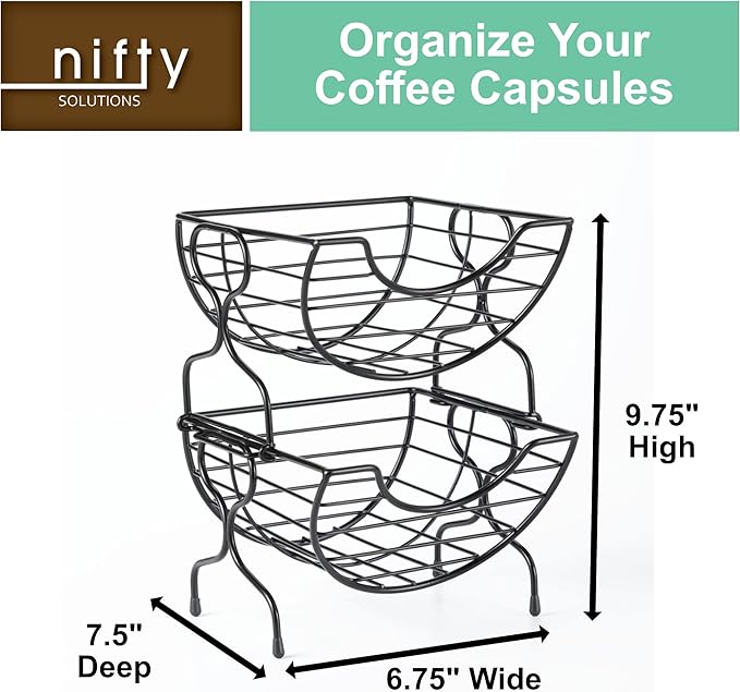 Nifty Single-Serve Wire Coffee Basket – Stacked Two-Tier Coffee Pod Storage Holder, Compatible with K-Cups, Home or Office Kitchen Counter Organizer, Modern Black Design