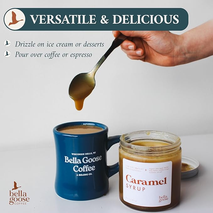 Bella Goose Salted Caramel Coffee Syrup (16oz) - Homemade Pure Cane Sugar Syrup for Lattes, Desserts, & Ice Cream - Clean Ingredient - No Artificial Flavors, Oils, Dyes, Preservatives - Syrups for Coffee Drinks