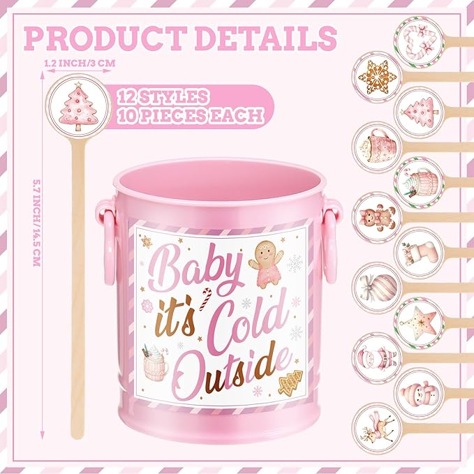 121 Pcs Christmas Wooden Coffee Stirrers with Holder and Wood Cocktail Coffee Stir Sticks Baby It's Cold Outside Disposable Drink Stirrers for Stirring Hot Restaurant Home Office(Pink)