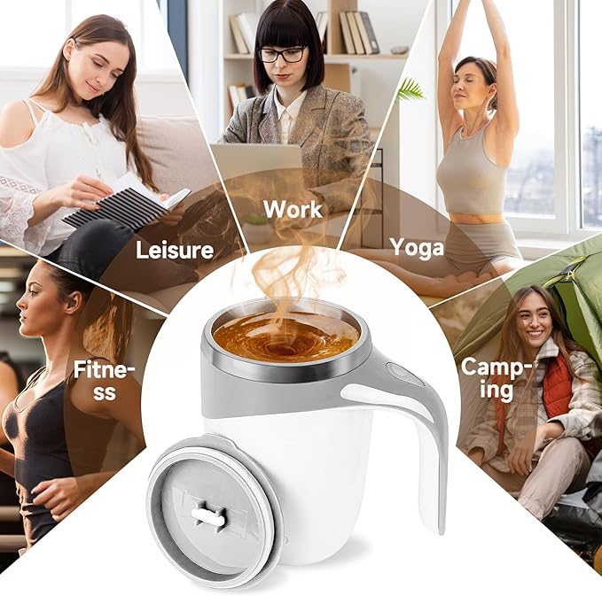 Automatic Magnetic Stirring Coffee Mug, Magnetic Stirring Cup Rotating Home Office Travel Mixing Cups,Stainless Steel Self Mixing Mug for Coffee/Milk/Tea/Hot Chocolat (White-Battery)