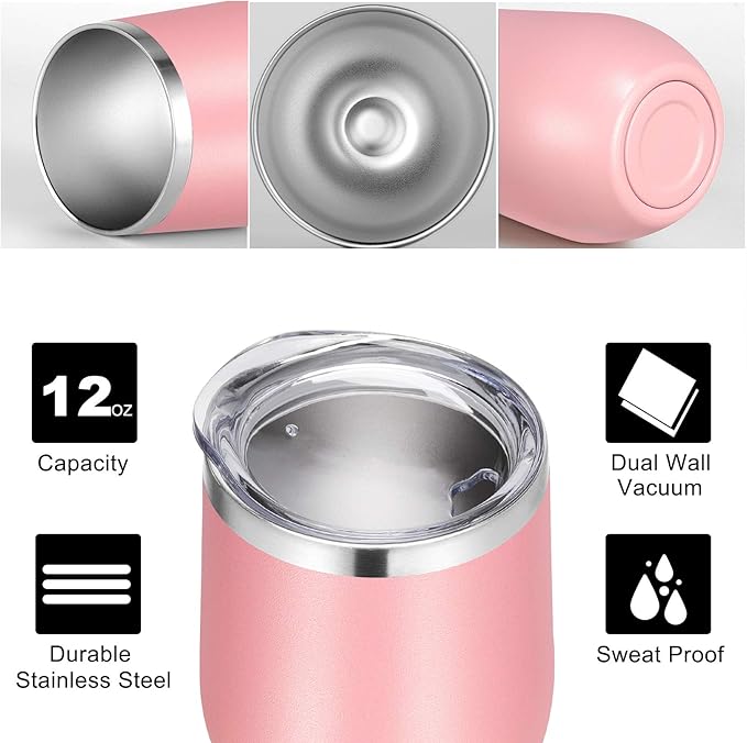 VEGOND Wine Tumblers Bulk 6 Pack, 12oz Stainless Steel Stemless Wine Glass with Lids and Straws, Double Wall Vacuum Insulated Tumbler Cup, Coffee Mug for Cold Hot Drinks