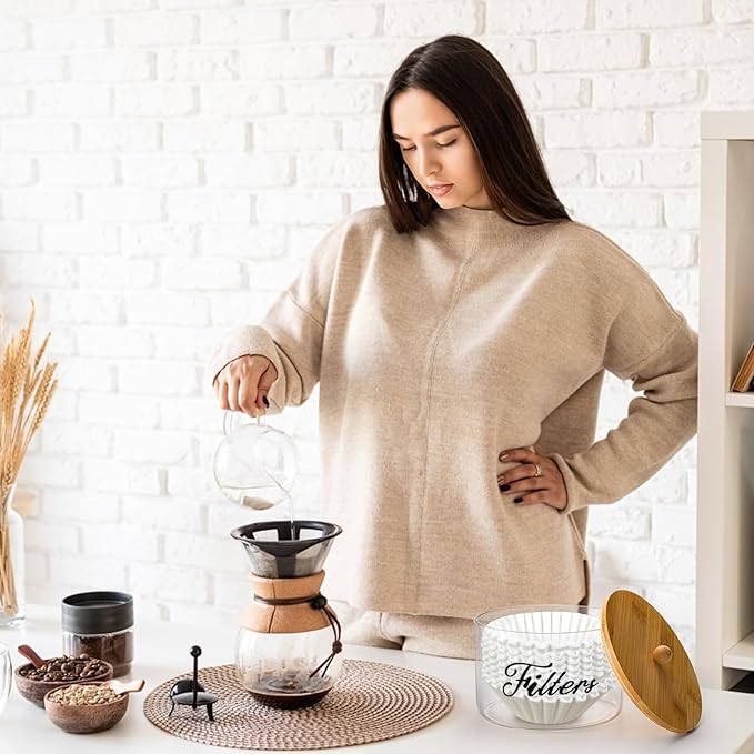 Coffee Filter Holder with Bamboo Lid, Farmhouse Coffee Filter Dispenser Basket for Counter, Glass Coffee Filter Storage Container for Coffee Pod and Filter, Coffee Bar Accessories
