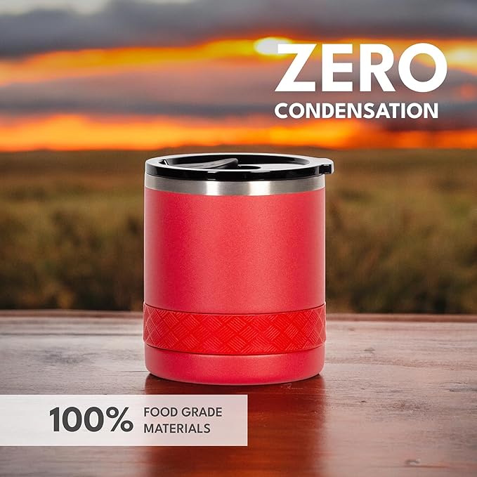 Elemental Recess Lowball Tumbler, 10oz Triple Wall Stainless Steel Cup with Non-Shattered Tritan Lid, Insulated Whiskey Glass, Insulated Coffee Tumbler Mug for Hot & Cold Drinks - Red