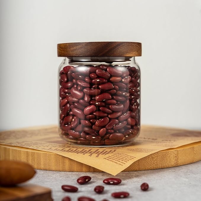 1 PC Small Glass Storage Jars with Airtight Lids, 17 fl oz (500ml) coffee container with Wooden Lid, Glass Pantry Canister for Beans, Rice, Sugar and etc
