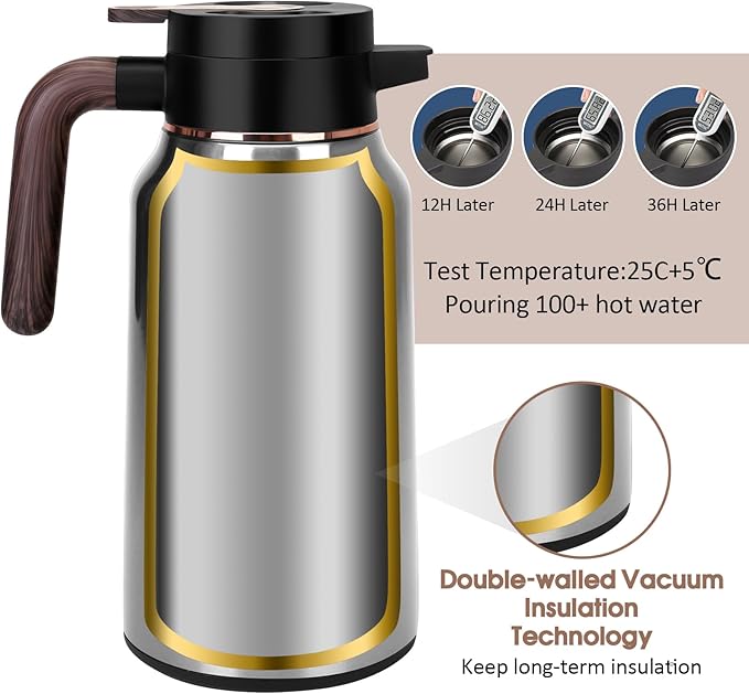 68oz Thermal Coffee Carafe, Stainless Steel Carafes for Hot Liquids 24 Hours, Insulated Coffee Carafes For Keeping Hot Coffee, Hot Water, Tea, Hot Beverage (Silver)