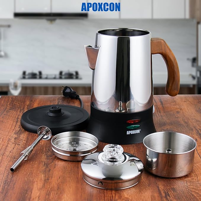 Electric Coffee Percolator Stainless Steel Coffee Maker with Tough Glass Clear Brew Progress Knob & On/OFF Switch Keep Warm Cordless Serve for Home and Hotel Room Use Gift Box Packaging 6 Cup