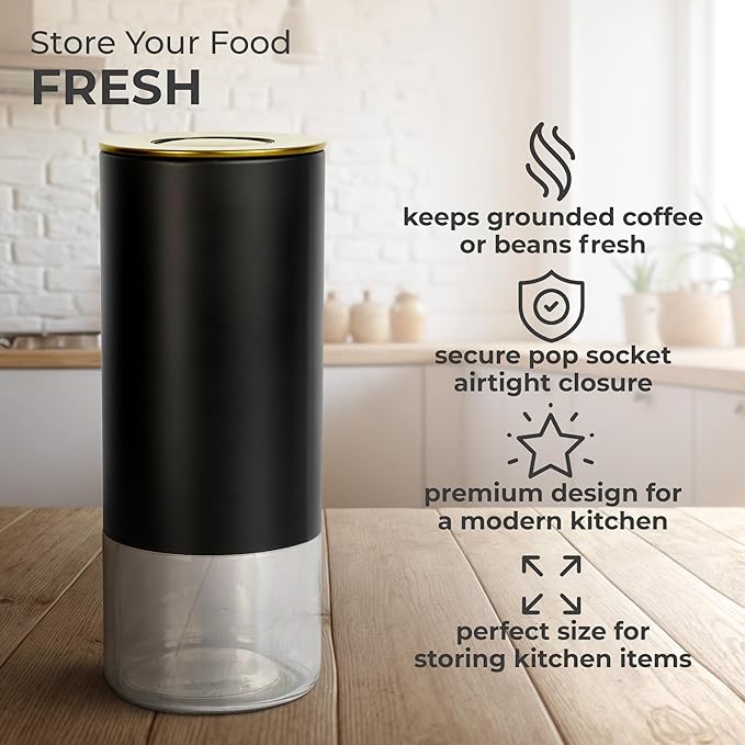 Kaffe Glass Coffee Canister (16oz) w/Airtight Lid - Click to Release Seal - BPA Free Glass & Stainless Steel - Elegant Kitchen Storage Container for Coffee, Nuts, Rice, Flour, Sugar, Tea, Cereal