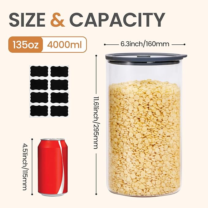 Extra-Large Glass Flour and Sugar Storage Containers with Airtight Lids, 1-Gallon(135oz)Big Glass Food Canister Jars with Lid,Kitchen Organization Jar Sets Perfect for Cookies,Cereal and Eggs