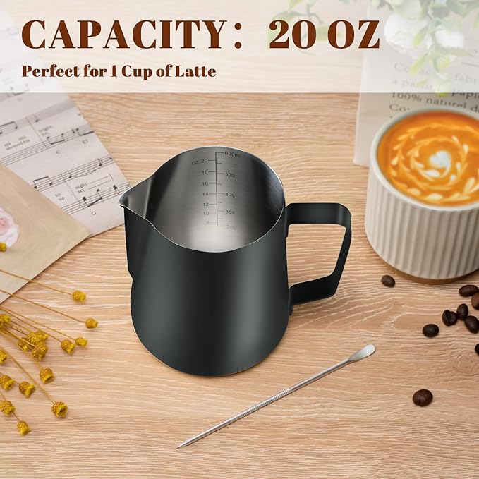 Milk Frothing Pitcher, 20oz Milk Frother Cup with Clear Scale, 304 Stainless Steel Cappuccino Espresso Machine Accessories for Barista Coffee Bar with Latte Art Pen, Black