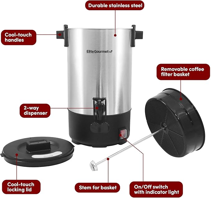 Elite Gourmet CCM-035# Maxi-Matic 30 Cup Stainless Steel Coffee Urn Removable Filter For Easy Cleanup, Two Way Dispenser with Cool-Touch Handles Electric Coffee Maker Urn, Stainless Steel