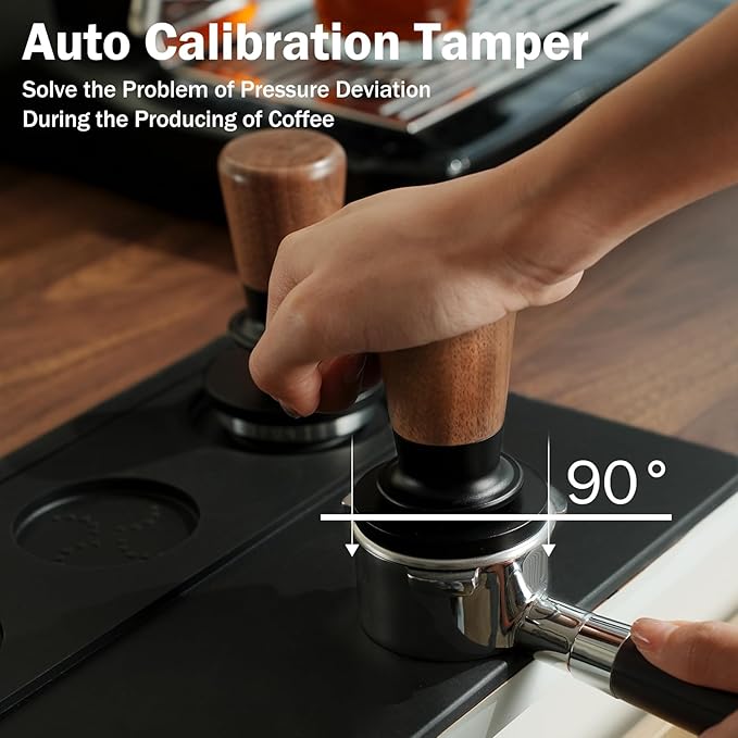 PUSEE 53.3mm Espresso Tamper,Calibrated Tamper with 30lbs Double Spring Loaded Tamper Walnut Wood Coffee Tamper for Barista Home,Titanium PVD Coating Base Tamper Espresso Tool Fits 54mm Portafilters