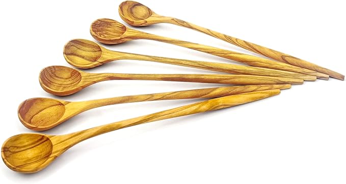 WONDERFUL 100% Natural Olive Wood Long Handle Spoons for Coffee, Tea, Milkshake Kitchen Stirring, Cocktail Stirrer; Mixing Honey Spoon, Chef Tasting Spoons(6 pcs)