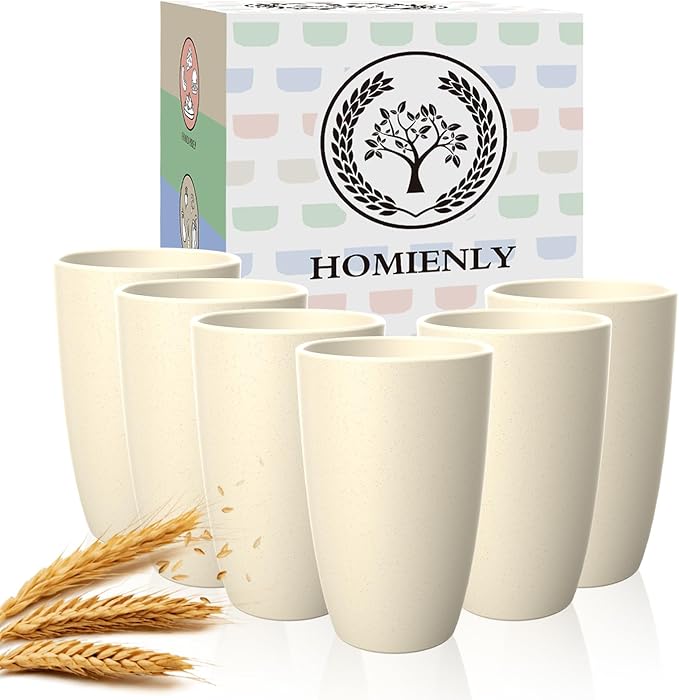 Homienly Wheat Straw Reusable Tumblers, 20 OZ Wheat Straw Cups - Set of 6, Unbreakable Alternative to Plastic Cups, Microwave and Dishwasher Safe Drinking Glasses,Cup for Kitchen, Camping - Beige