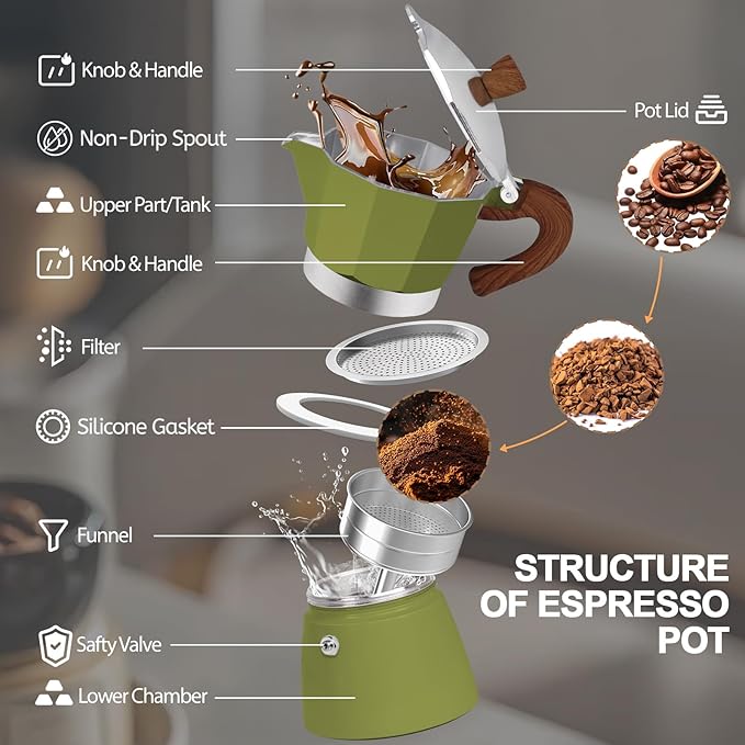 Aluminum 6 Cup 300ml Moka Pot Express Coffee Maker Stovetop Espresso Colorful Coffeemaker Italian Classic Style Brewing Greca Cafe Mocha Machine for Cafeteras Lover Camping Travel and Home Use 10oz