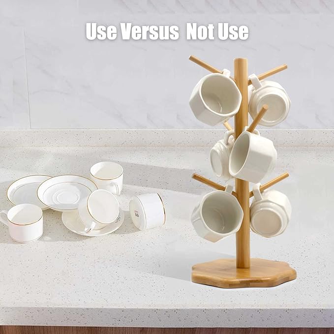 Bamboo Countertop Mug Tree Stand with 6 Hooks, Octagon Base Coffee Cup Tree